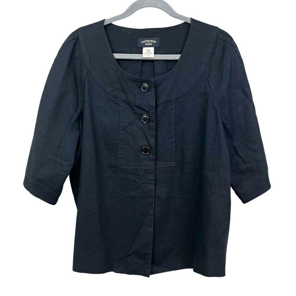 Canyon River Blues Women Linen Blend Top Blouse Short Sleeves Black Sz L*